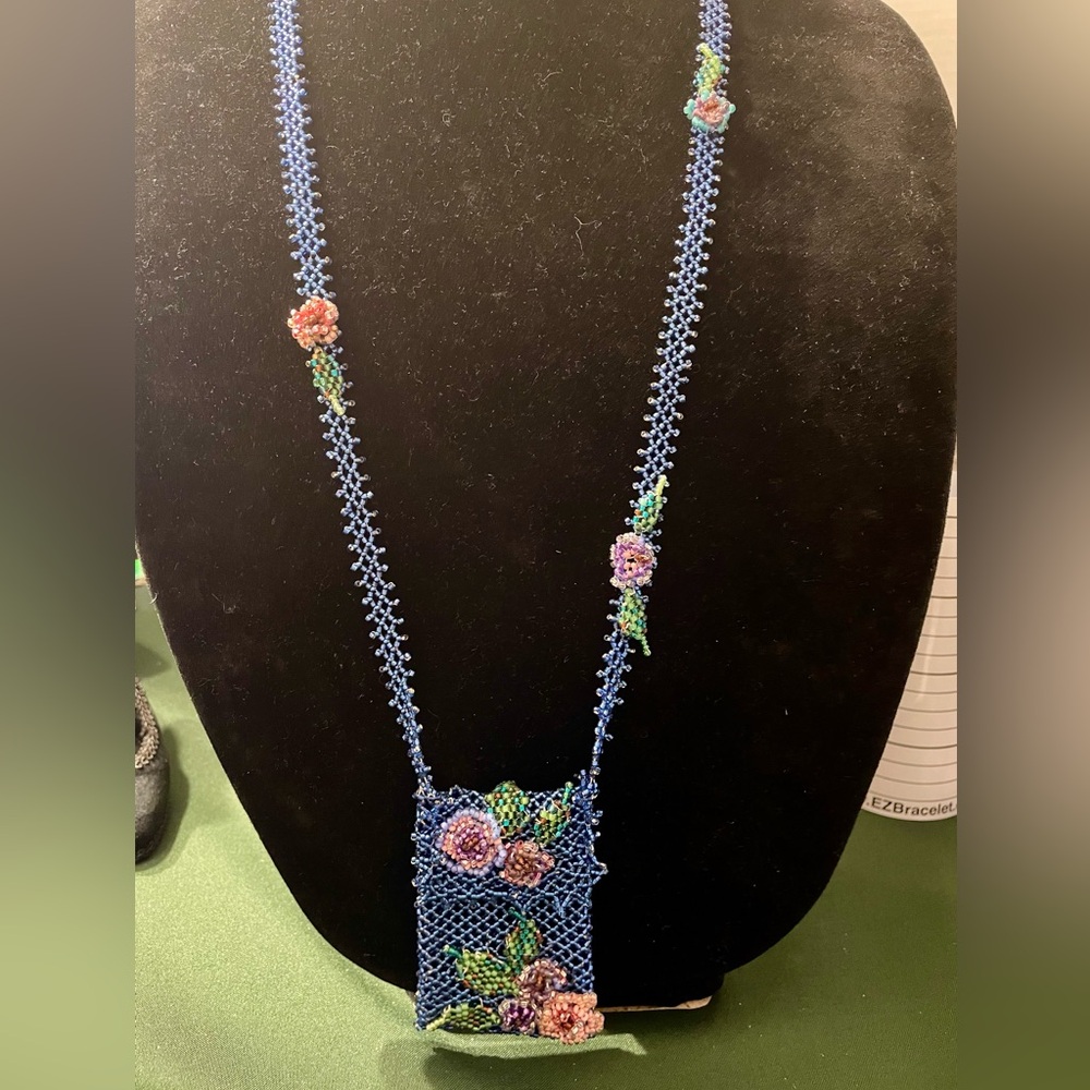 Vintage Blue Beaded Floral Amulet Medicine Totem Pouch Necklace. 38 inches - Picture 3 of 9